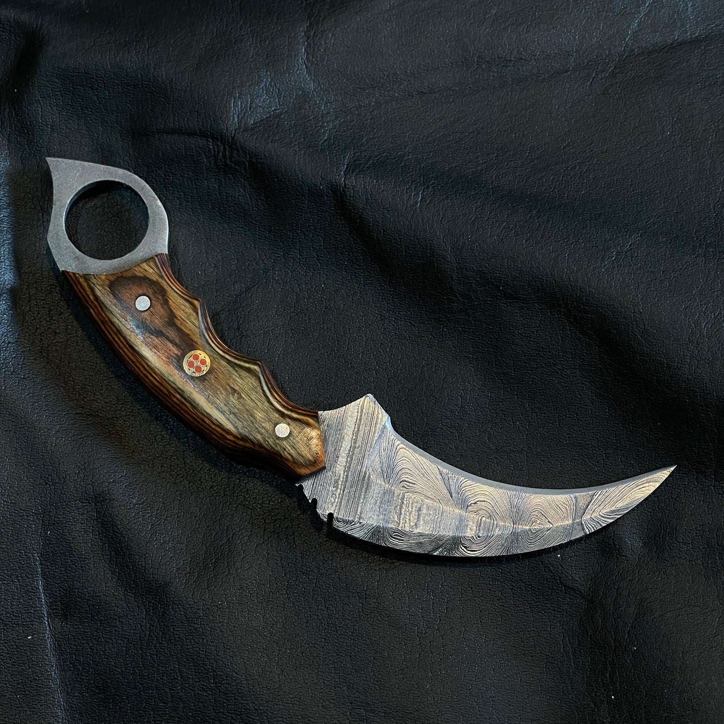 Custom Handmade Damascus Steel Karambit Knife, 8" Wood Handle & Leather Sheath