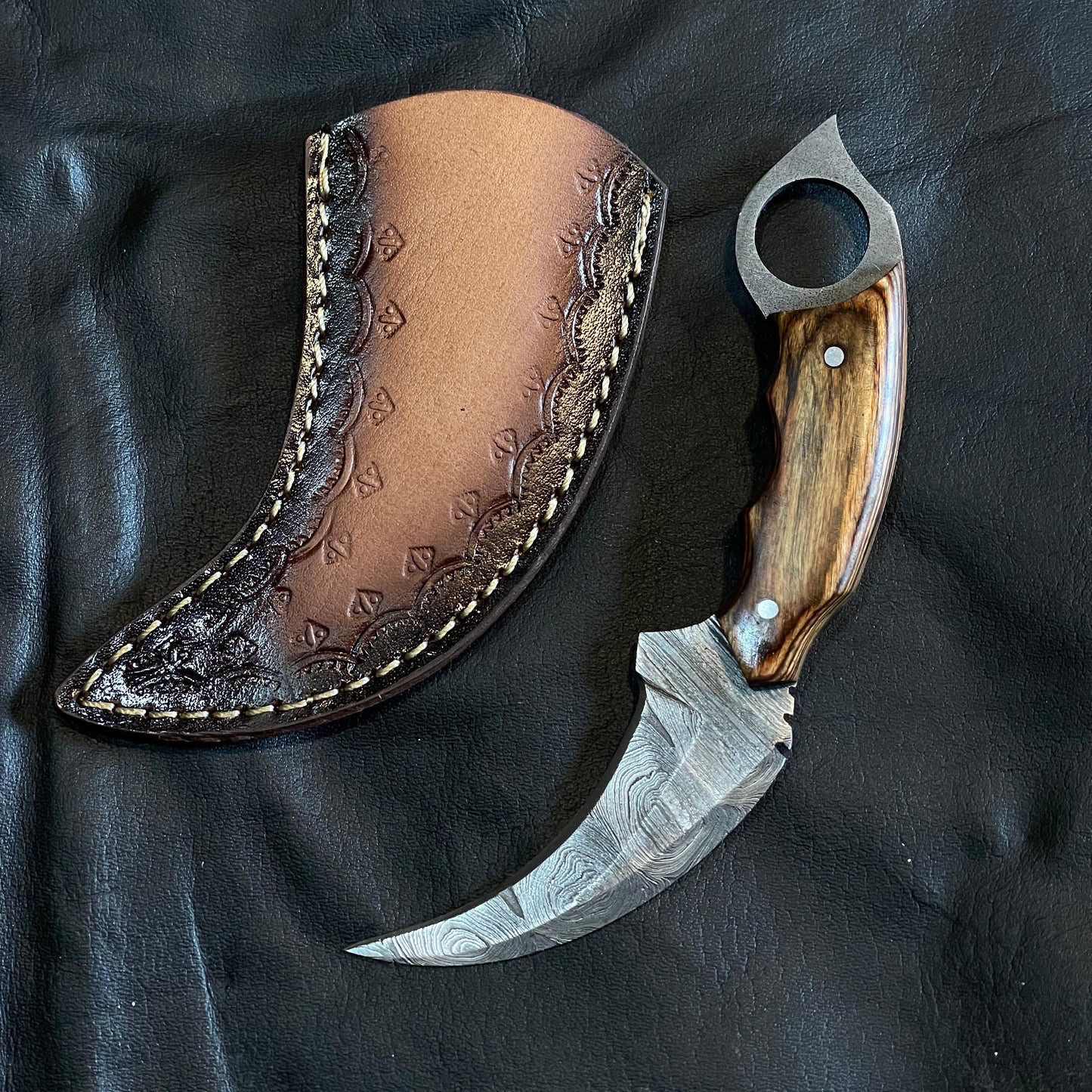 Custom Handmade Damascus Steel Karambit Knife, 8" Wood Handle & Leather Sheath