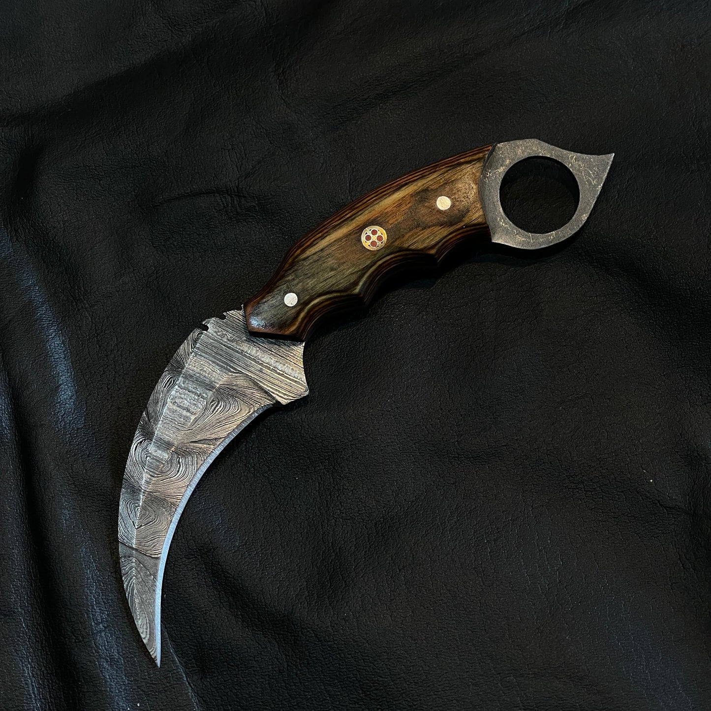 Custom Handmade Damascus Steel Karambit Knife, 8" Wood Handle & Leather Sheath