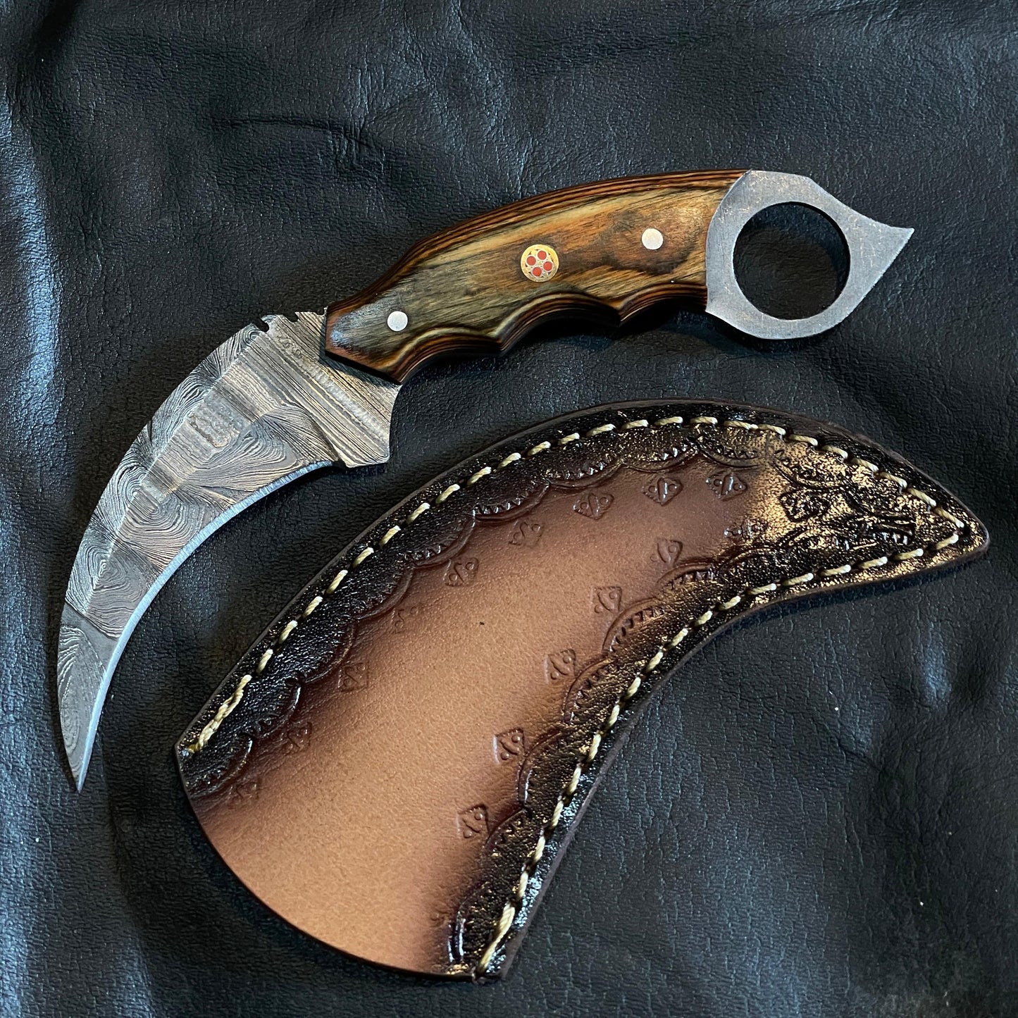 Custom Handmade Damascus Steel Karambit Knife, 8" Wood Handle & Leather Sheath