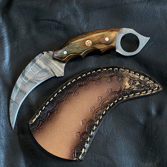 Custom Handmade Damascus Steel Karambit Knife, 8" Wood Handle & Leather Sheath