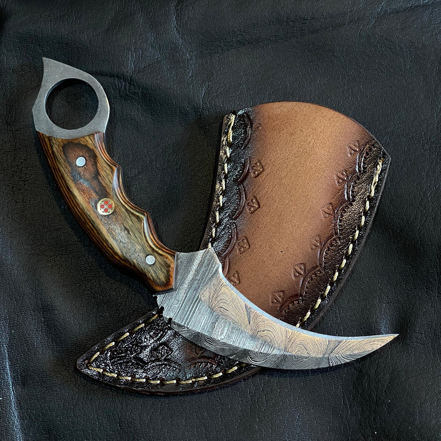 Custom Handmade Damascus Steel Karambit Knife, 8" Wood Handle & Leather Sheath