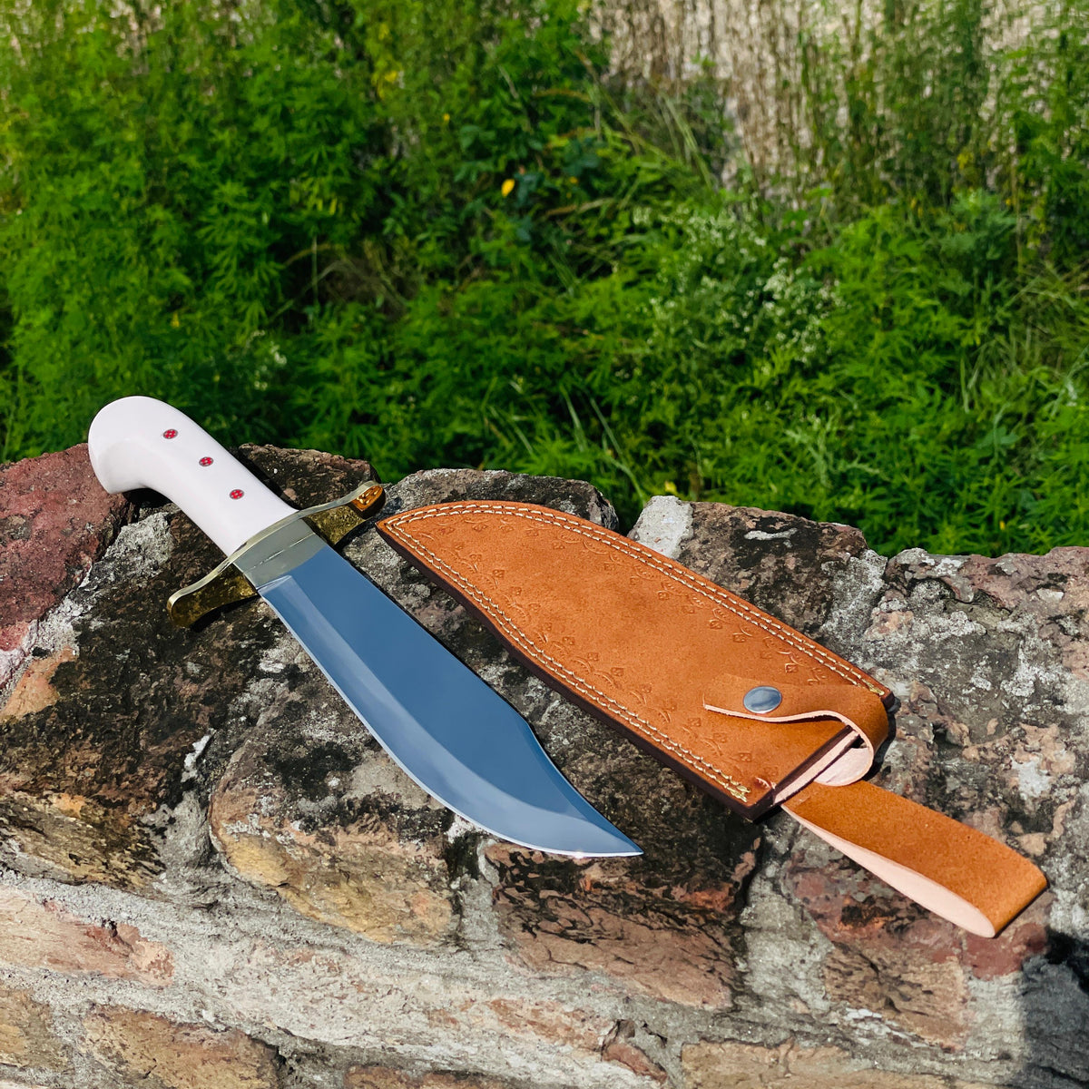 Handmade High Carbon Steel Bowie Knife, Resin Handle, Leather Sheath