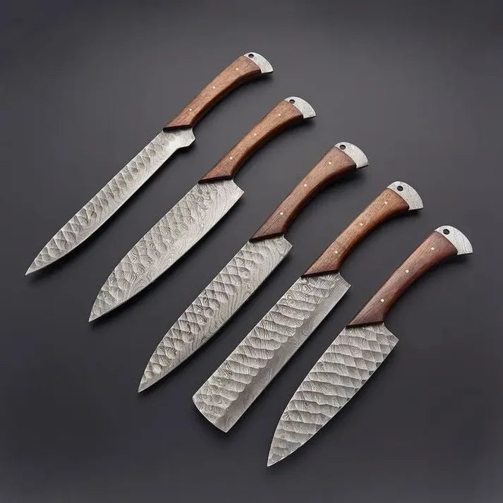 Damascus kitchen knife set of five with wood handles and Damascus pommels
