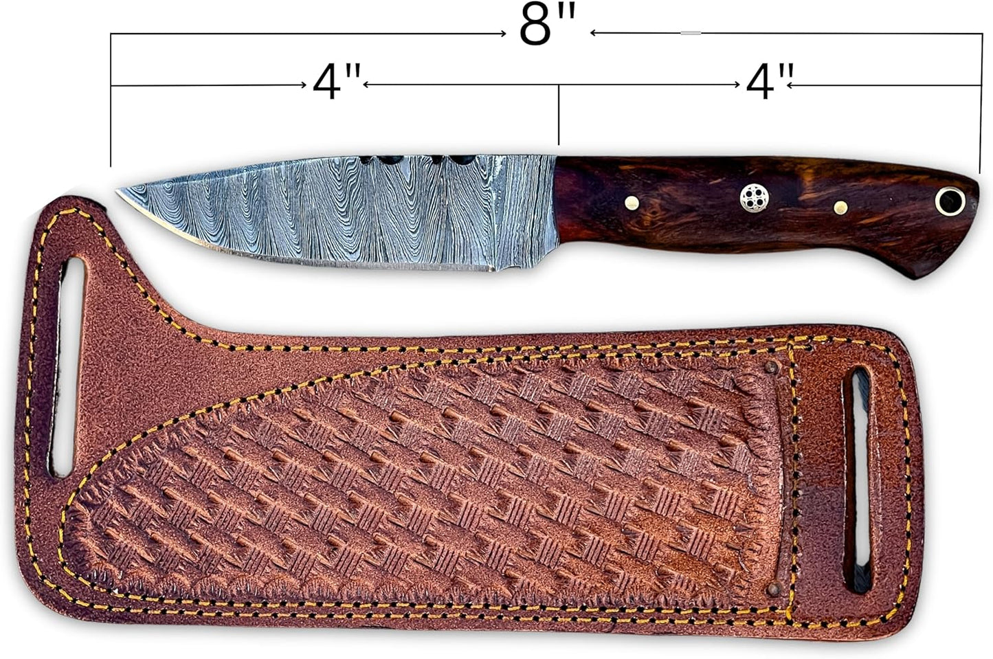 Best Fixed Blade Knife dimensions showing 8 inch total length with Damascus blade and leather sheath