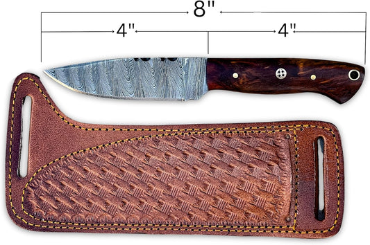 Best Fixed Blade Knife dimensions showing 8 inch total length with Damascus blade and leather sheath