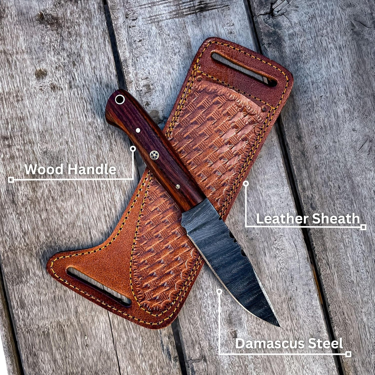 Best Fixed Blade Knife features labeled: wood handle, Damascus steel blade, and tooled leather sheath