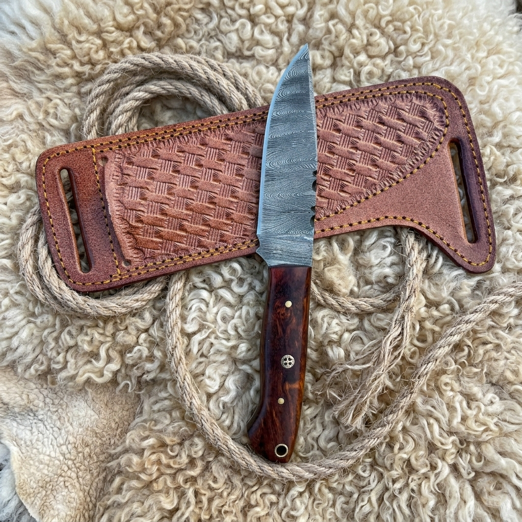 Best Fixed Blade Knife with Damascus blade and wood handle on tooled leather sheath and sheepskin