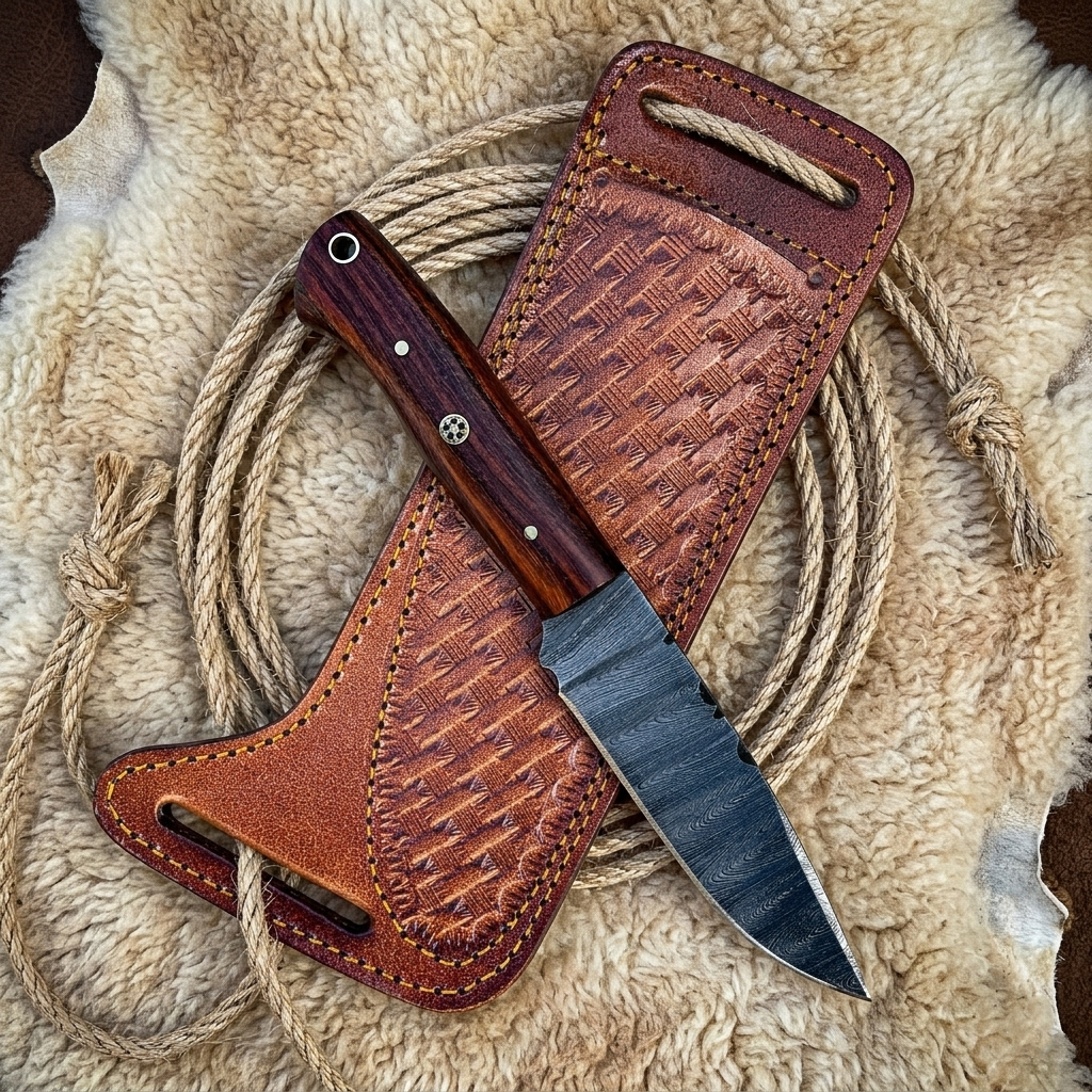 Best Fixed Blade Knife with Damascus blade and wood handle on coiled rope and sheepskin