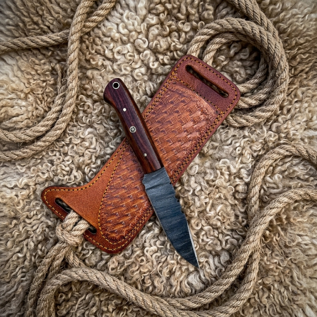 Best Fixed Blade Knife with Damascus blade and wood handle on rope-coiled wool background