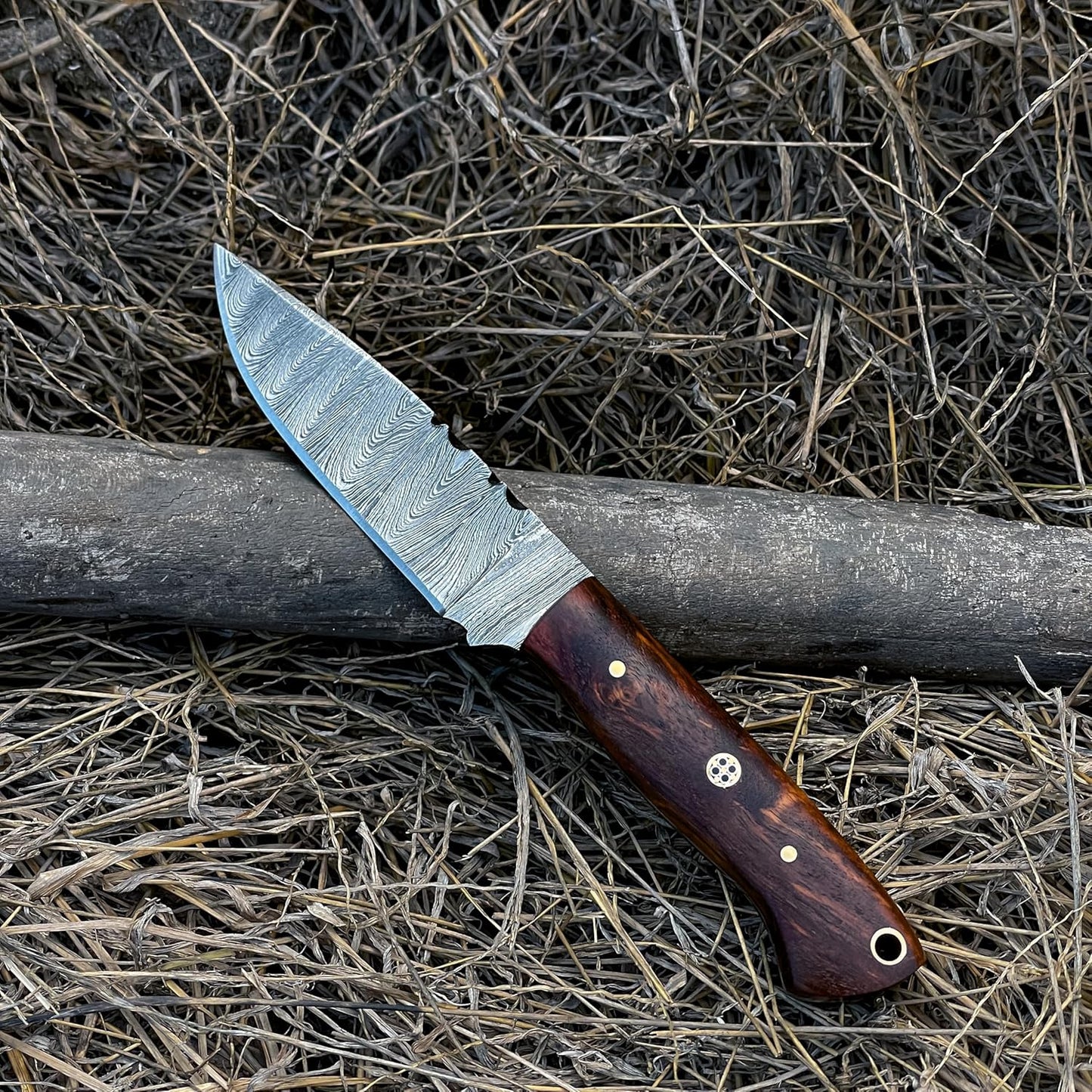 Best Fixed Blade Knife featuring wood handle with brass pins and Damascus blade outdoors