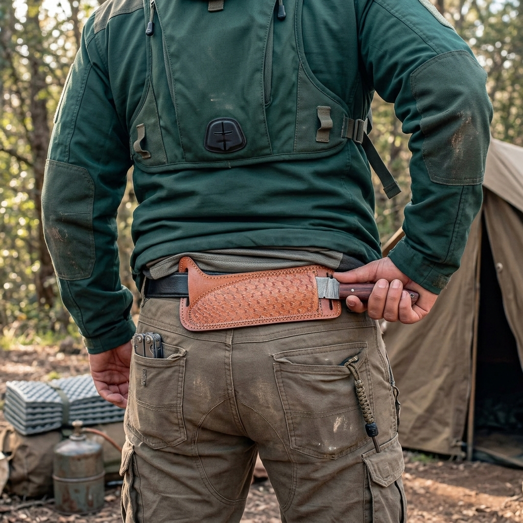 Best Fixed Blade Knife with wood handle drawn from leather sheath at camp