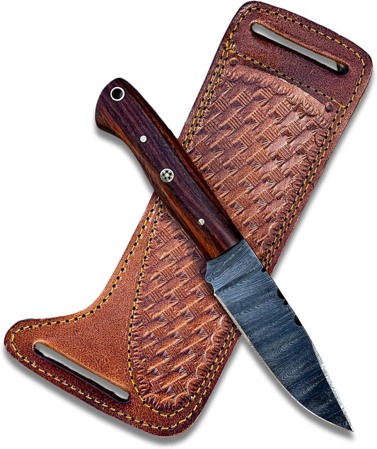 Best Fixed Blade Knife with Damascus steel blade and wood handle beside tooled leather sheath