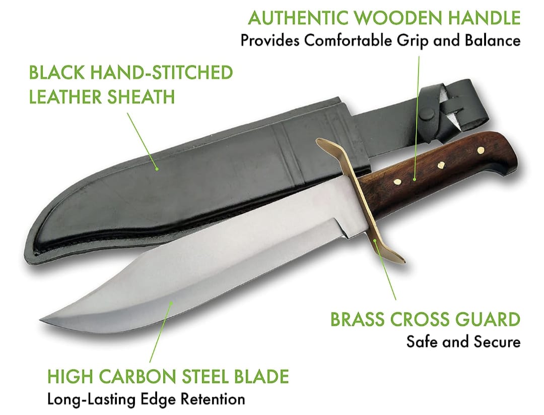 Legendary Handmade 15-Inch Carbon Steel Hunting Bowie Knife – Wooden Handle, Brass Guard, Fixed Blade