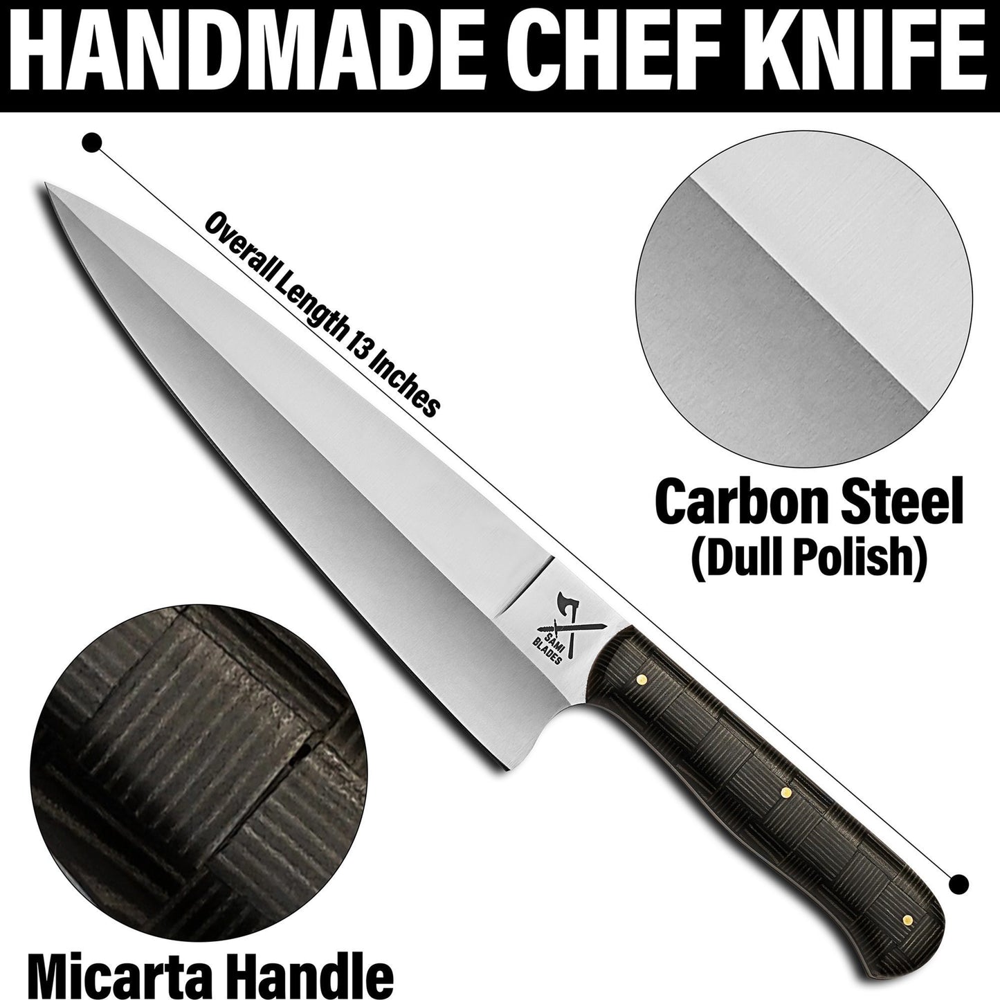 Professional Kitchen Chef Knife,13 Inch Stainless Steel Blade, 8 Inch Sharp Dull Polish Kitchen Knife with Micarta Handle for Meat Cutting & Cooking