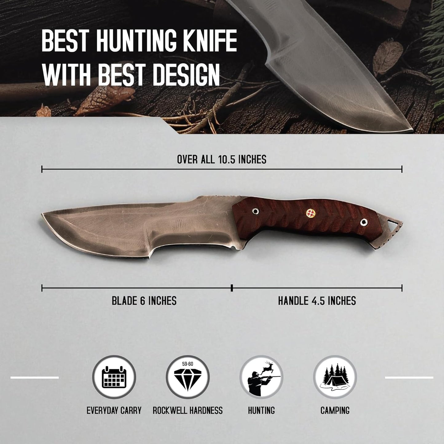 Infographic displaying a 10.5-inch full tang tracker knife with dimensions and outdoor use icons.