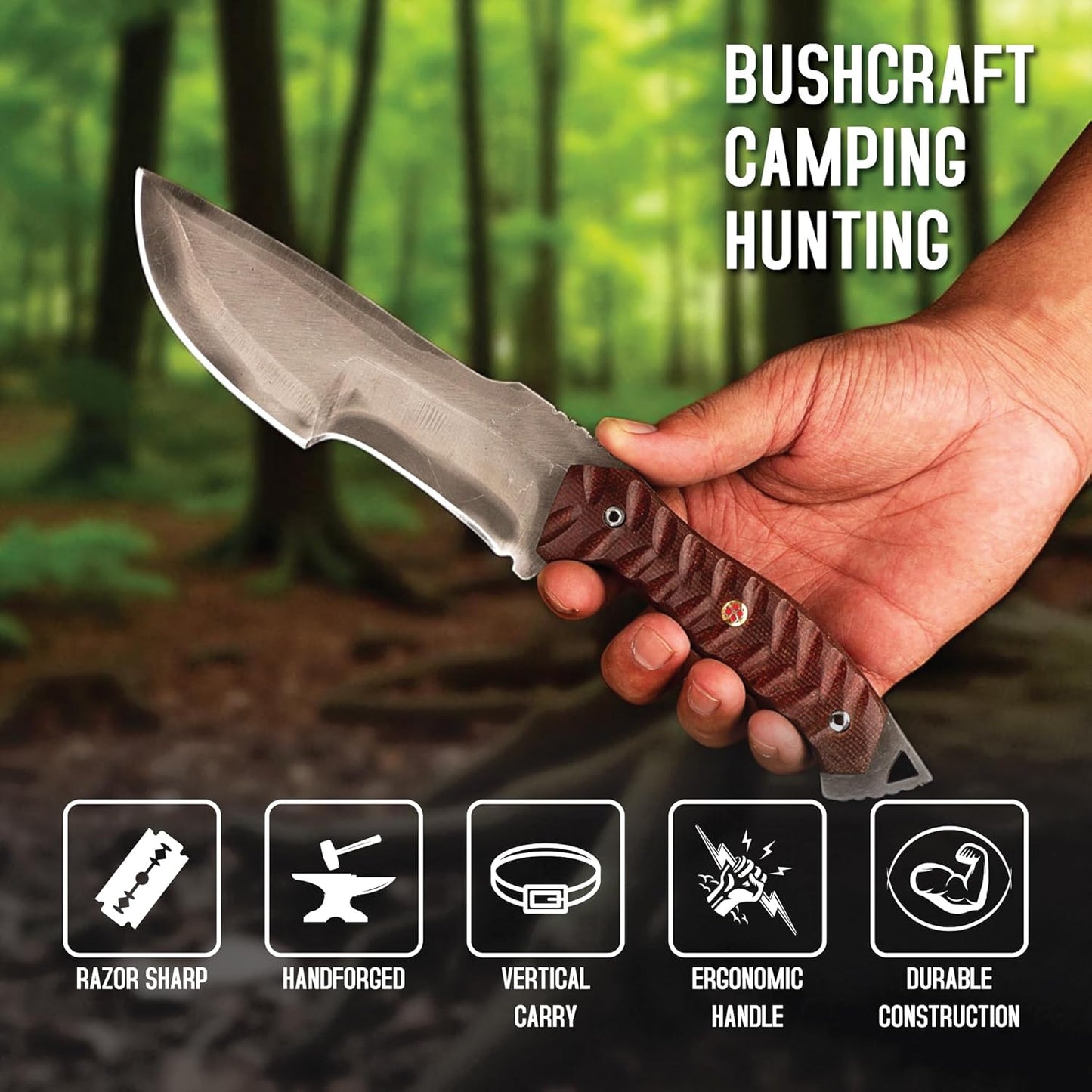 Hand holding a full tang tracker knife with a textured brown handle in a forest. Text overlays highlight its bushcraft uses and key features.