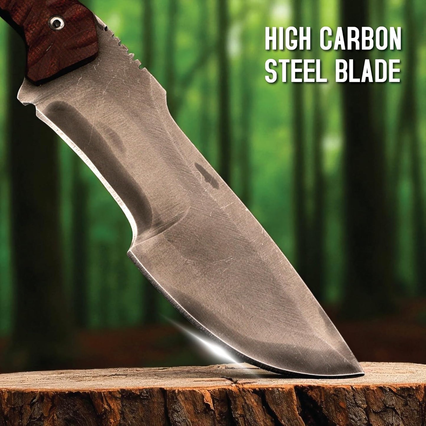 Close-up of a full tang tracker knife's brushed silver blade resting on a wooden stump against a forest backdrop, highlighting the high carbon steel.