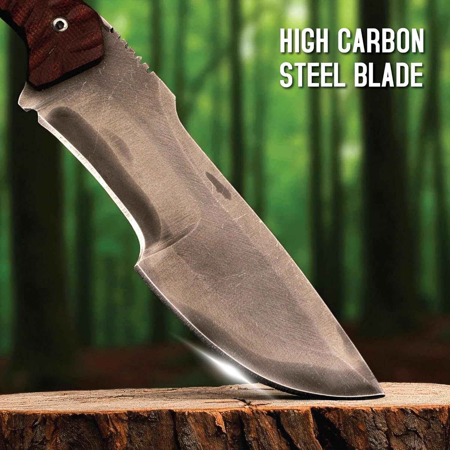 Close-up of a full tang tracker knife's brushed silver blade resting on a wooden stump against a forest backdrop, highlighting the high carbon steel.