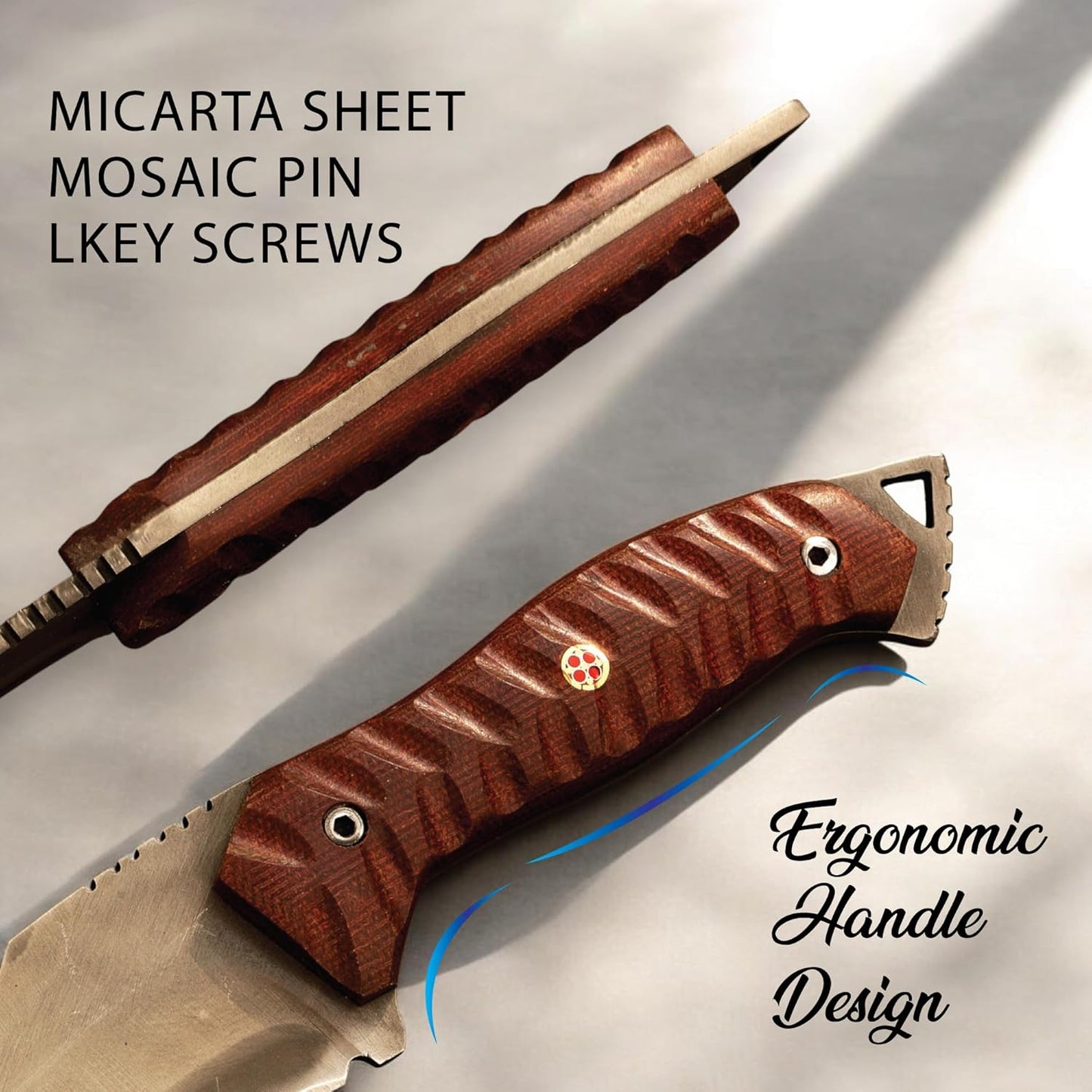 Close-up showing the ergonomic design of a full tang tracker knife handle with textured brown Micarta scales, L-key screws, and a mosaic pin.
