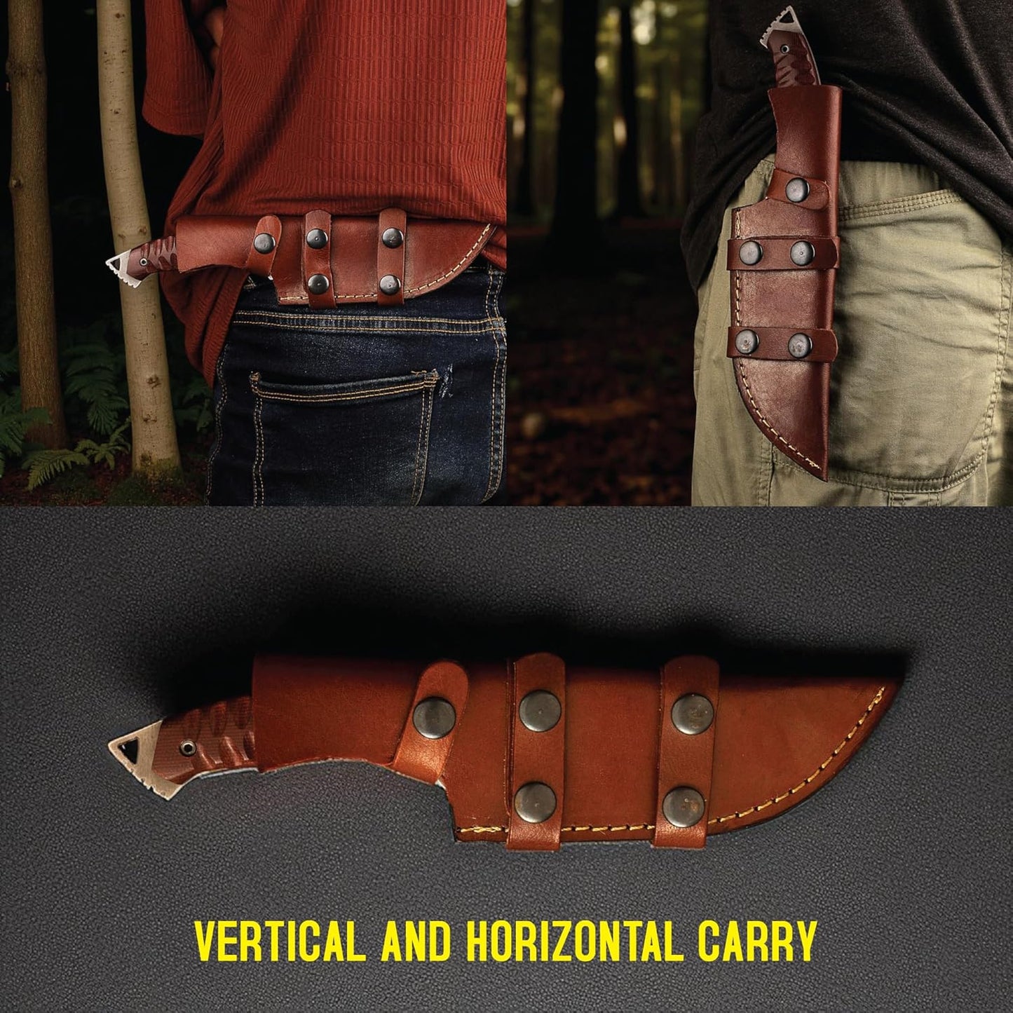 Composite image of a brown leather sheath for a full tang tracker knife, demonstrating versatile vertical and horizontal belt carry options.