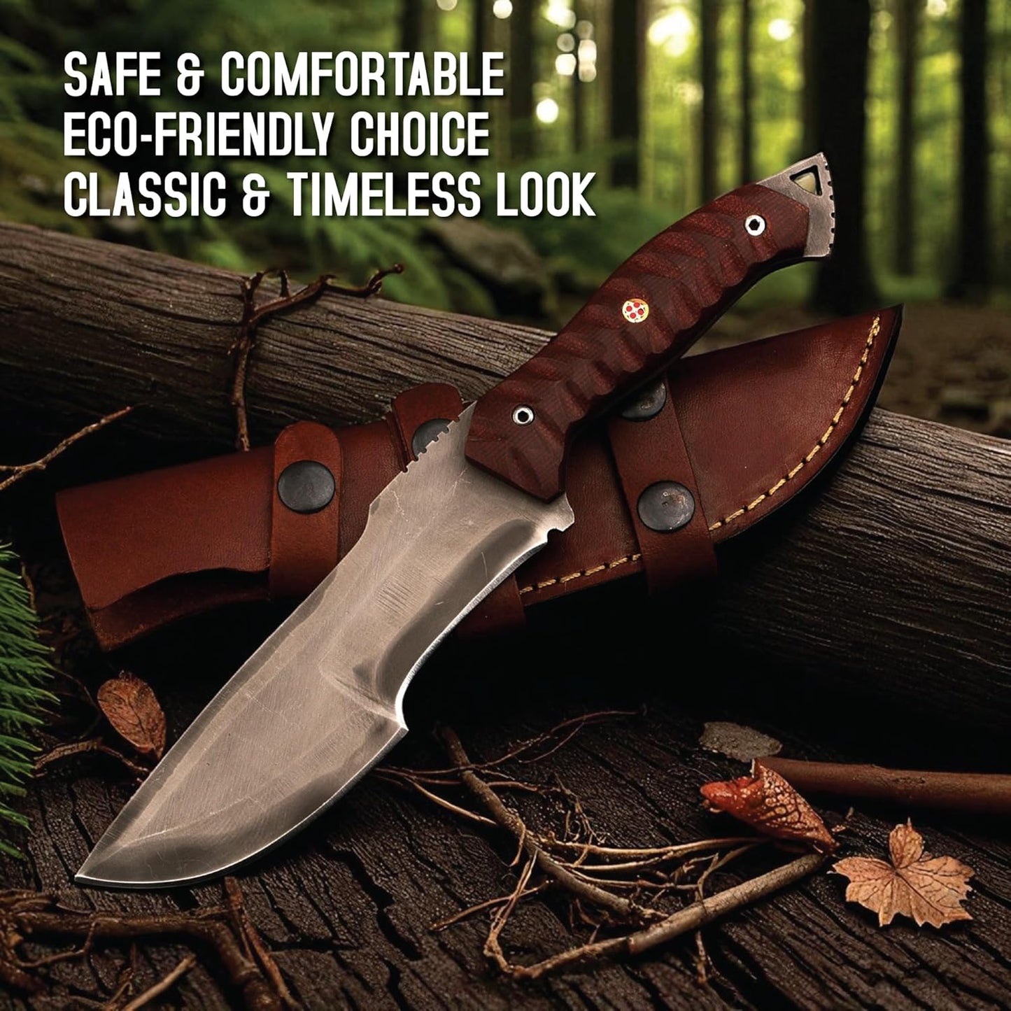 A full tang tracker knife with a silver blade and textured brown handle resting on a forest log over its leather sheath, promoting a timeless look.