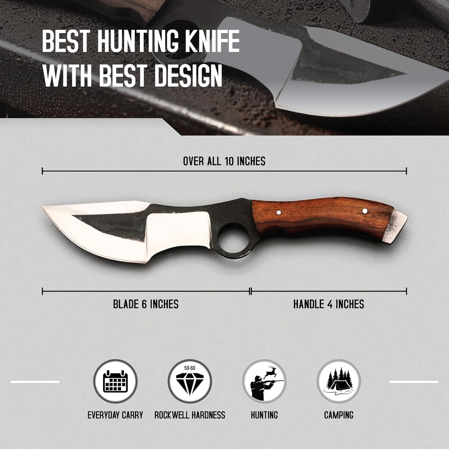 A promotional infographic for a hunting tracker knife. The top section shows a close-up of the knife blade against a dark, textured background with the text 'BEST HUNTING KNIFE WITH BEST DESIGN'. The middle section displays a full profile view of the knife on a light gray background, highlighting its dimensions: an 'OVER ALL 10 INCHES' length, divided into a 'BLADE 6 INCHES' and a 'HANDLE 4 INCHES'. The bottom section features four circular icons detailing its specifications and uses: a calendar icon labele