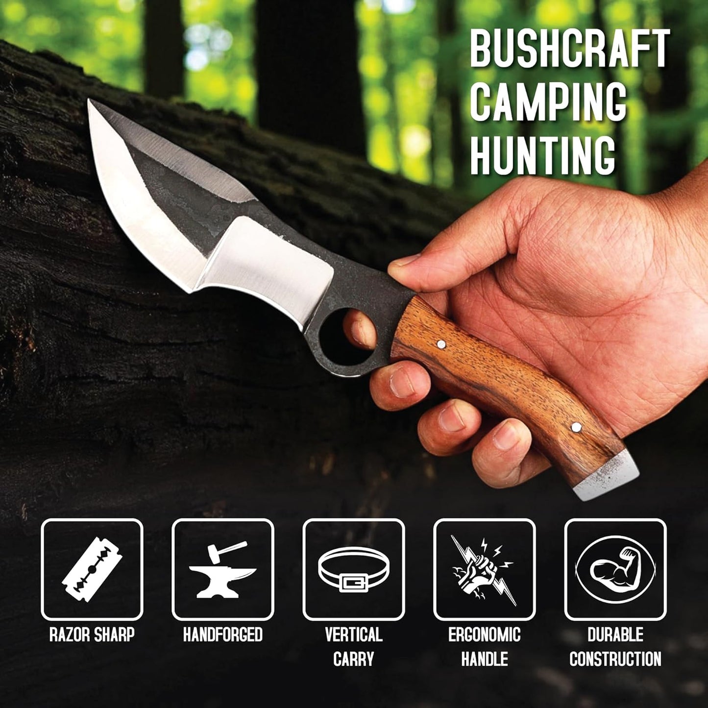 An image showing a person's hand gripping a hunting tracker knife against a dark, textured log with a softly blurred green forest background. The distinctive two-toned blade features a dark, textured upper section with a large circular finger hole, alongside a polished silver cutting edge. The polished wooden handle, secured with two pins and finished with a flat metal pommel, is clearly visible in the user's grasp. In the upper right corner, bold white text reads 'BUSHCRAFT', 'CAMPING', and 'HUNTING'.