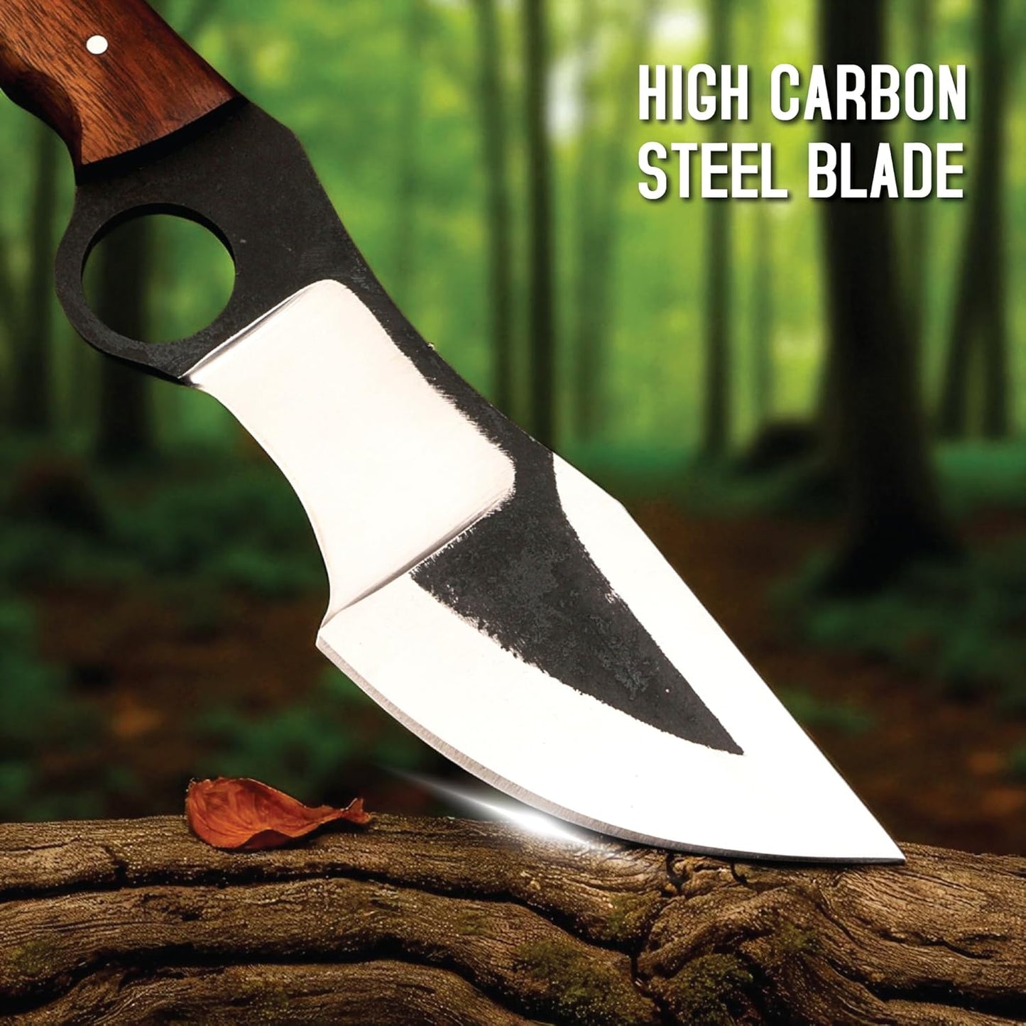 A close-up image focusing on the distinctive blade of a hunting tracker knife resting on a heavily textured, mossy log against a softly blurred green forest background. The two-toned blade features a dark, textured central section that extends from a large circular finger hole down towards the point, contrasting sharply with the bright, polished silver of the multi-faceted cutting edges. A bright gleam highlights the belly of the blade where it meets the wood, near a small, dry brown leaf. 