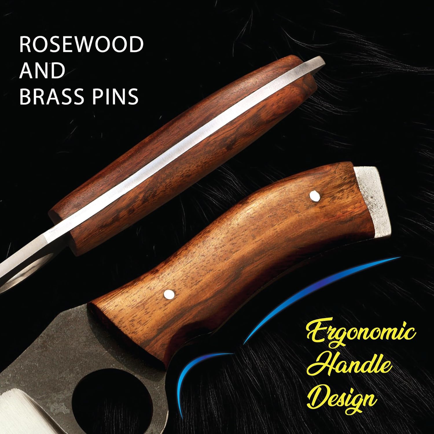 Close-up of an ergonomic hunting tracker knife handle with rosewood scales, brass pins, & full tang.