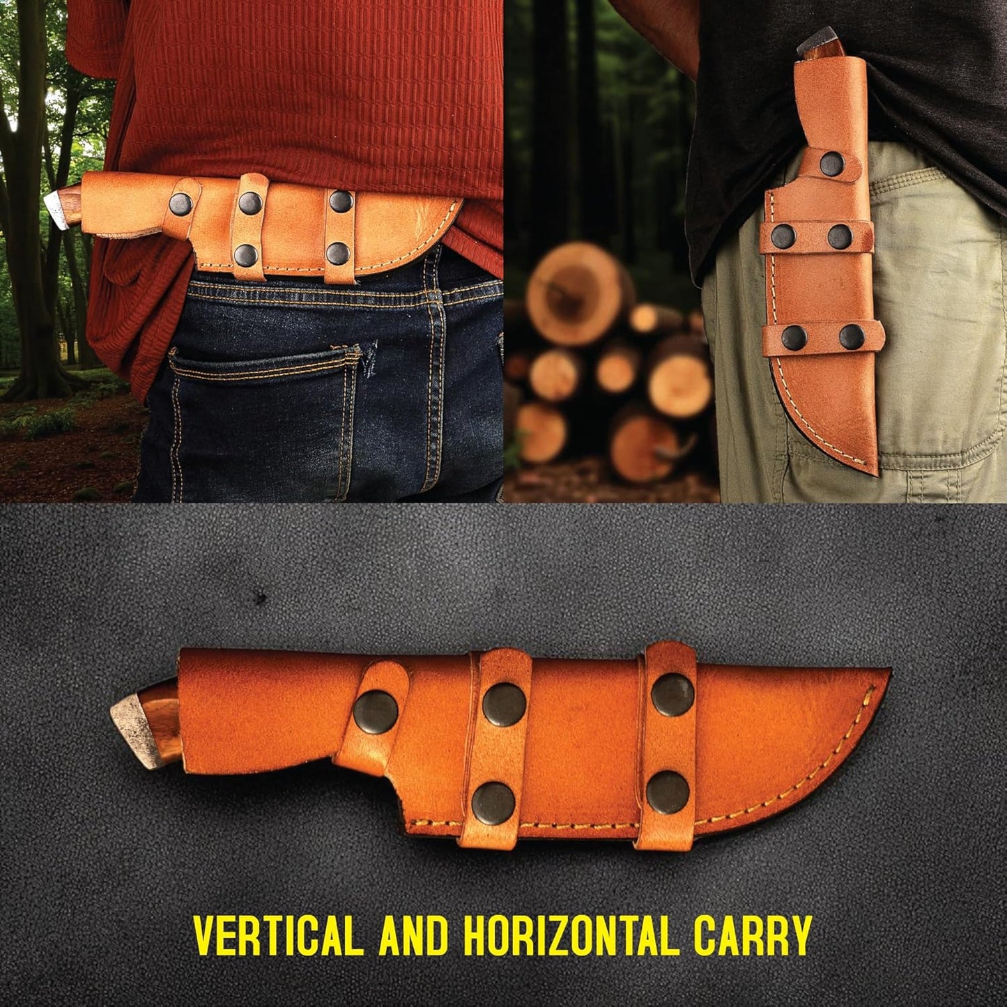 Composite image of a tan leather hunting tracker knife sheath showing vertical and horizontal carry.