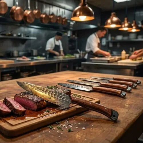 Complete 5 pcs chef knife collection arranged near cooked steak on a rustic cutting board