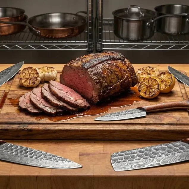 Premium Damascus steel knife set displayed around sliced roast beef and roasted garlic on a wooden board