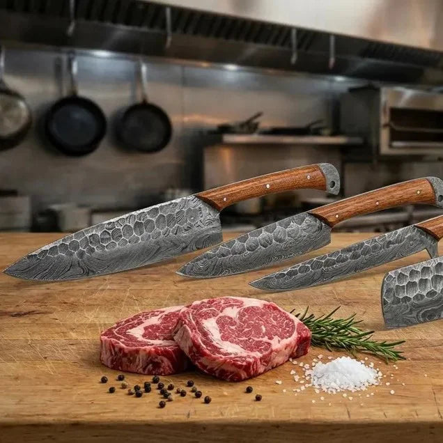 Professional culinary chef knives arranged on a wooden cutting board with sliced meat in a kitchen setting