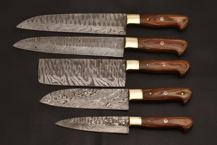 Damascus steel 5 piece chef knife set with rosewood handles and brass bolsters