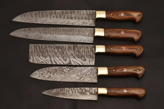 Damascus steel 5 piece chef knife set with rosewood handles and brass bolsters
