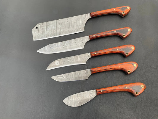 Damascus kitchen knife set of five with orange pakkawood handles and brass pins