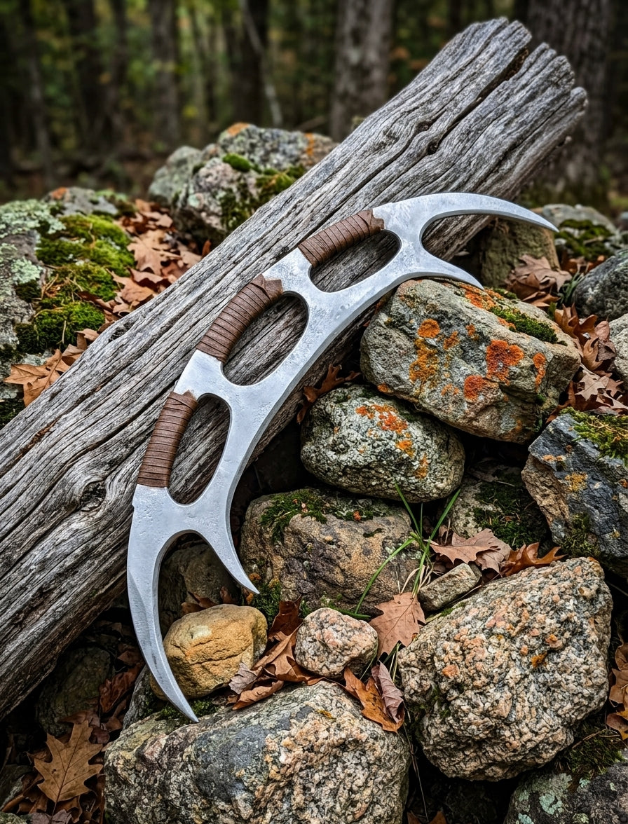 Curved steel display sword on plain background