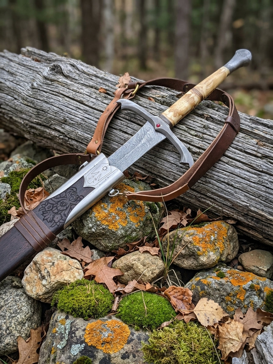 Full length Damascus steel medieval sword with carved bone handle and decorative crossguard