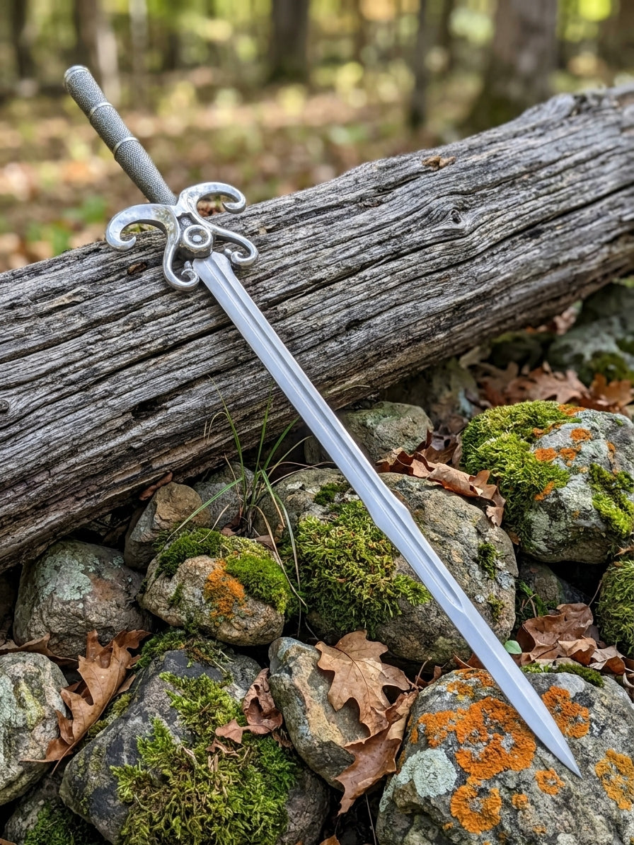 Closeup of high carbon steel sword blade with prominent lengthwise fuller