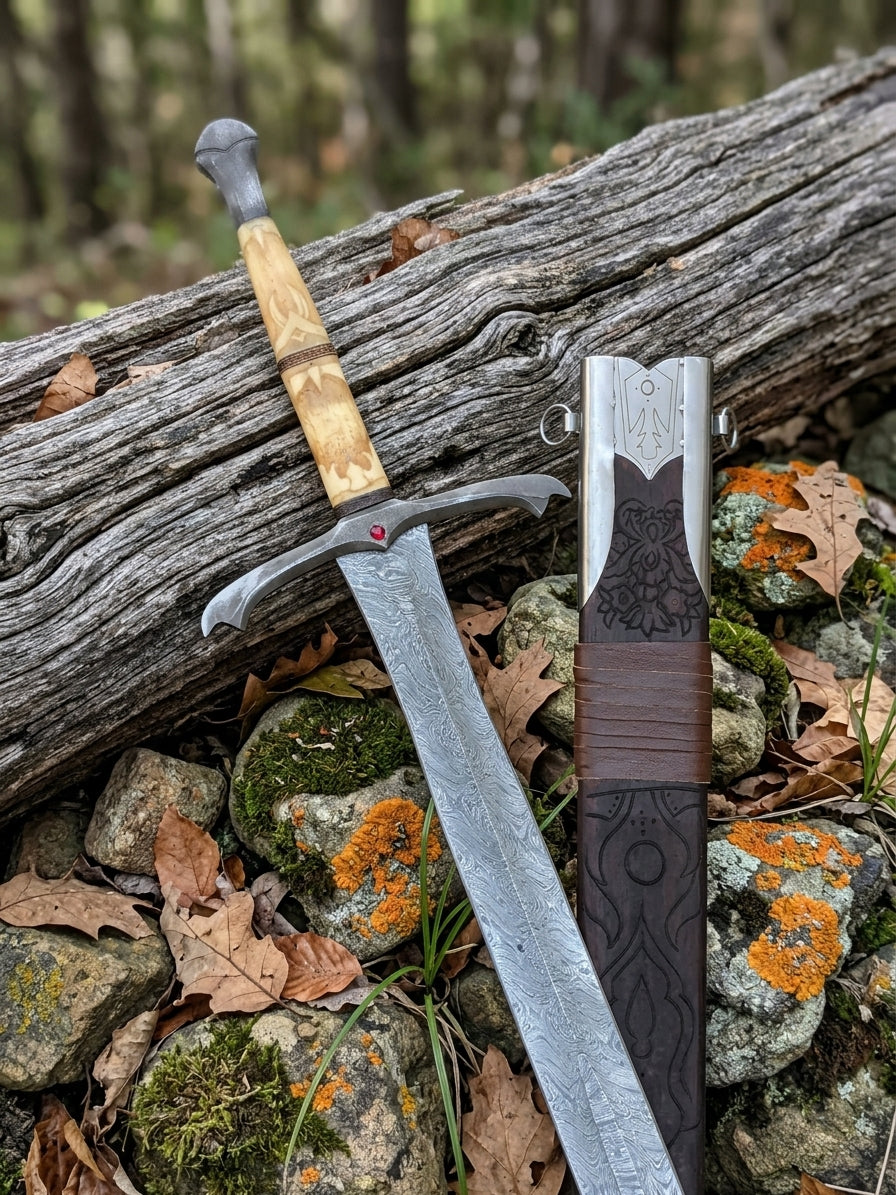 Closeup of flowing Damascus steel patterns on medieval sword blade