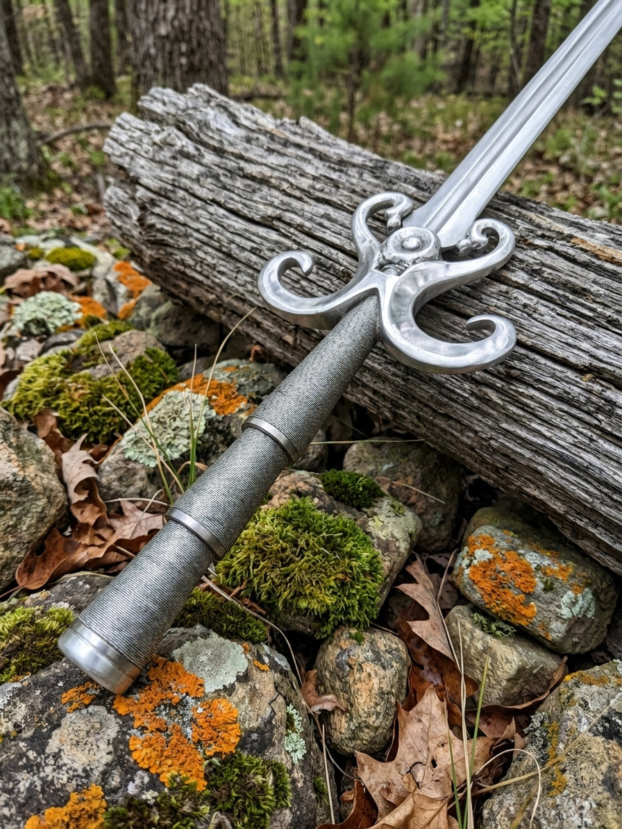 Ornamental scrolling crossguard on high carbon steel medieval sword