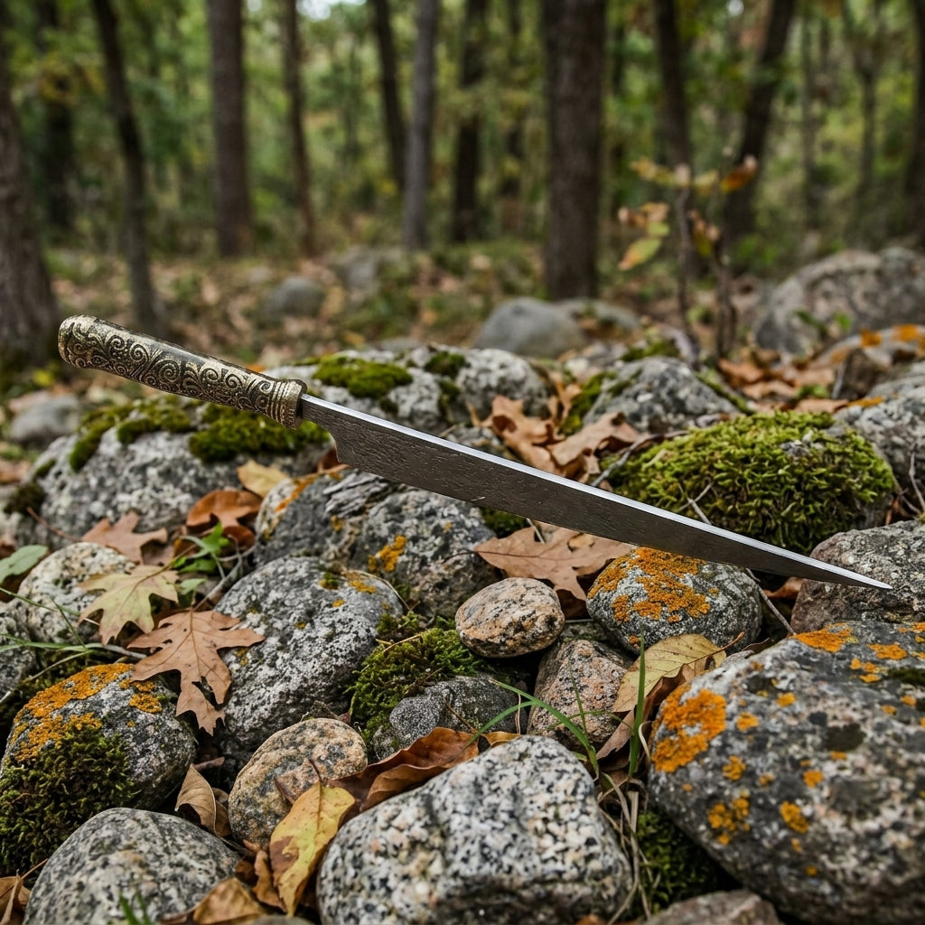 Damascus chef knife with embossed handle