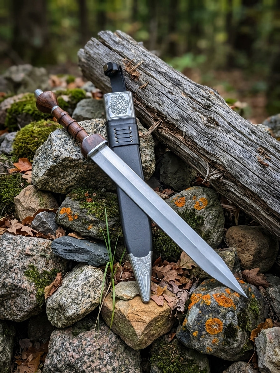 Handmade stainless steel Roman gladius sword with segmented handle and decorative sheath displayed on woodland rocks