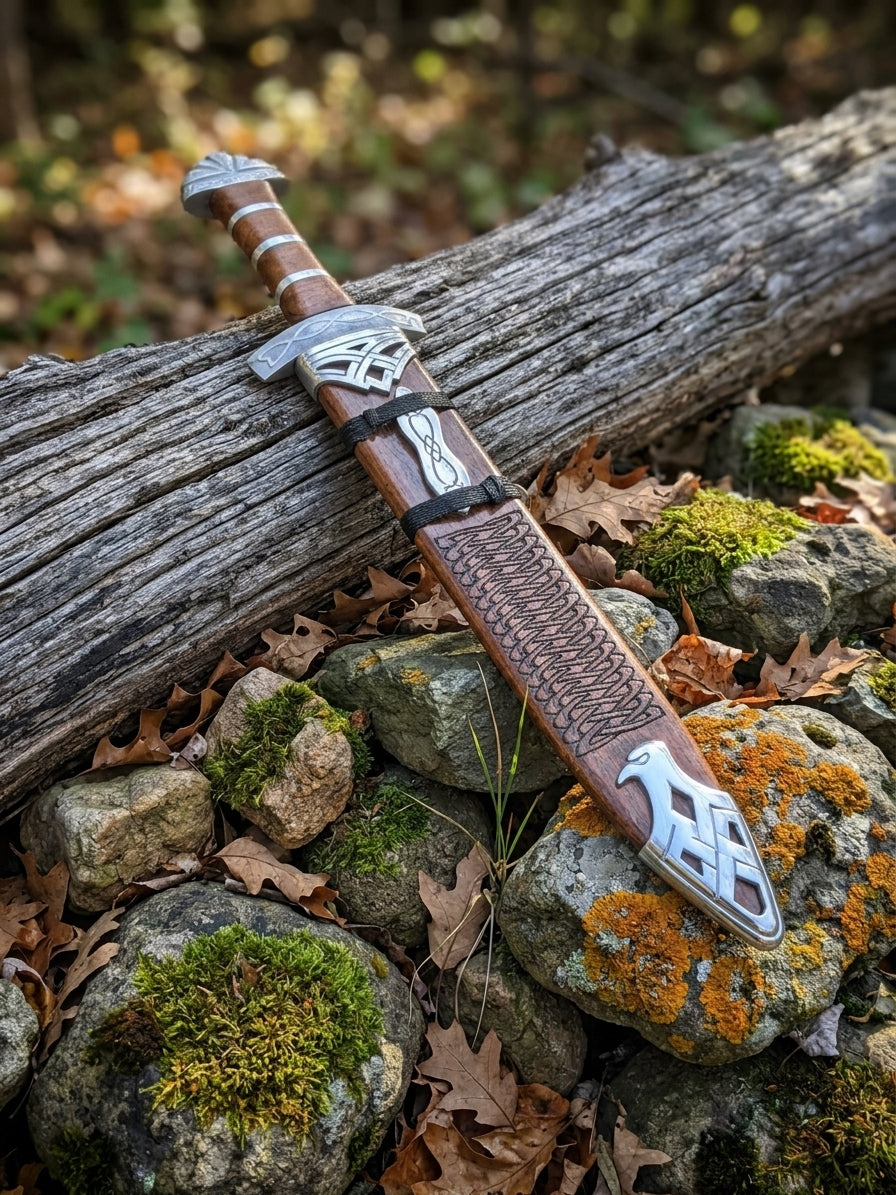 Hardwood Viking sword handle showing decorative silver spacers
