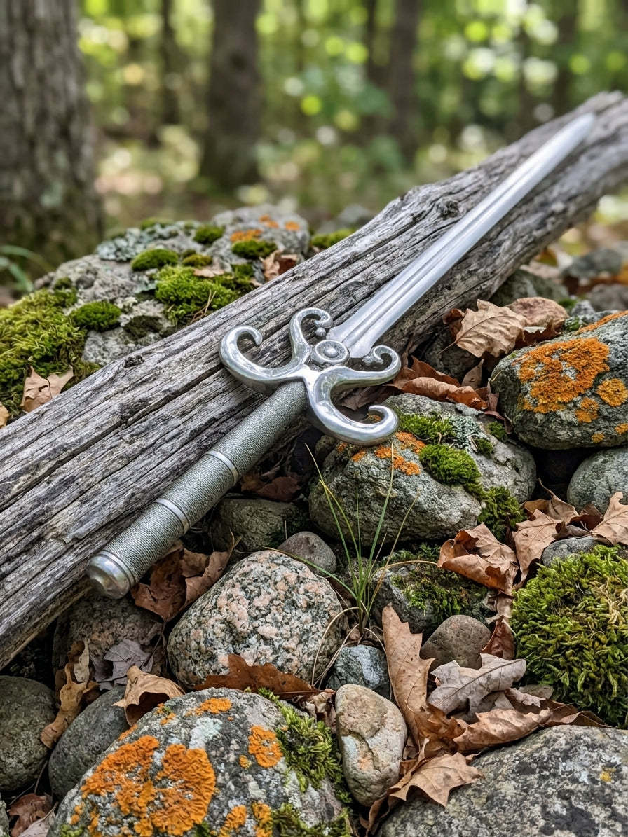 Full length high carbon steel medieval sword showing straight pointed blade