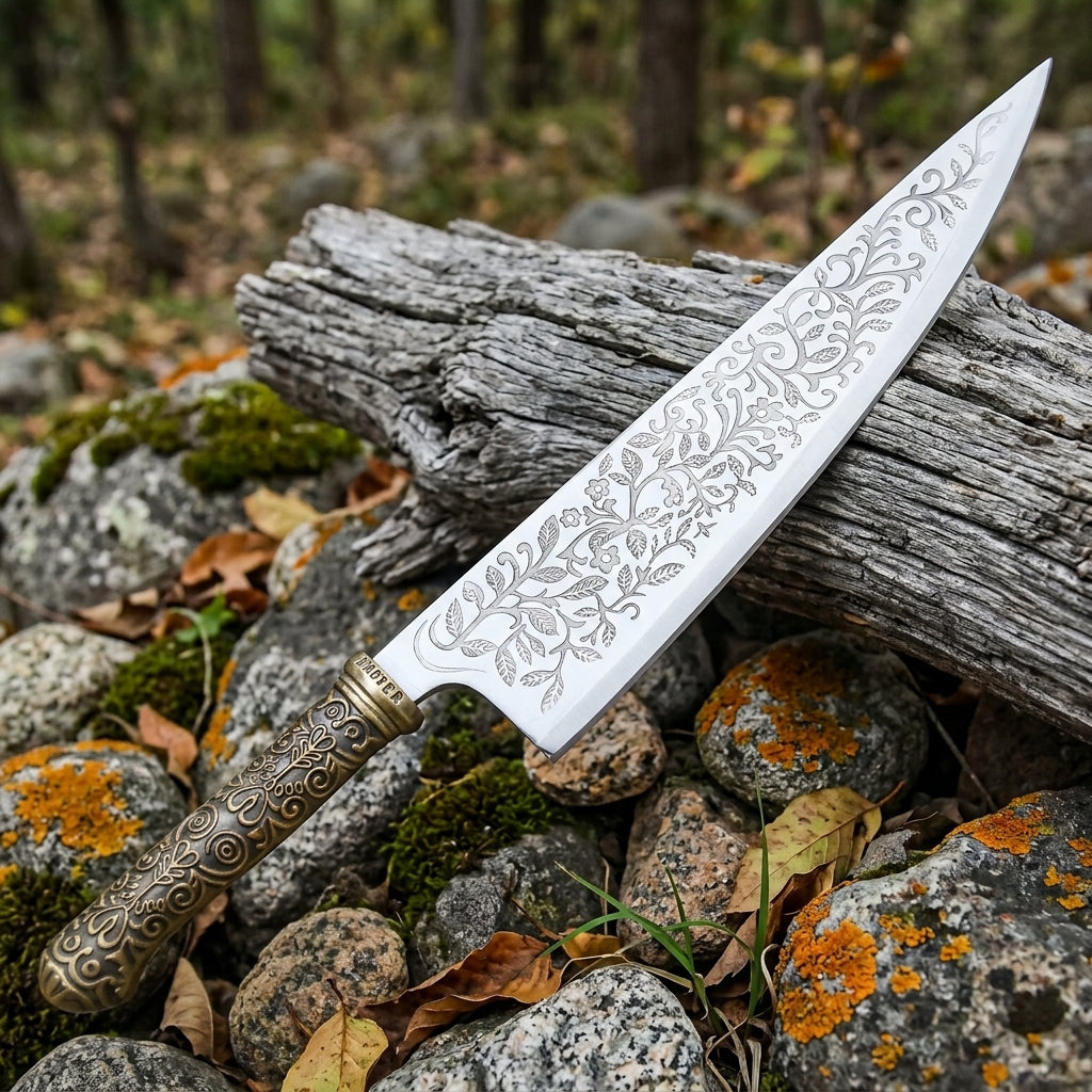 Floral etched Damascus chef knife side profile