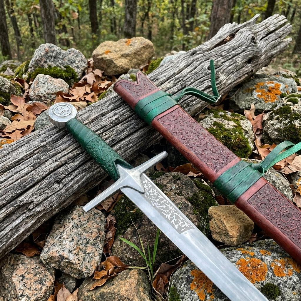 Textured wrapped handle of medieval inspired falchion sword