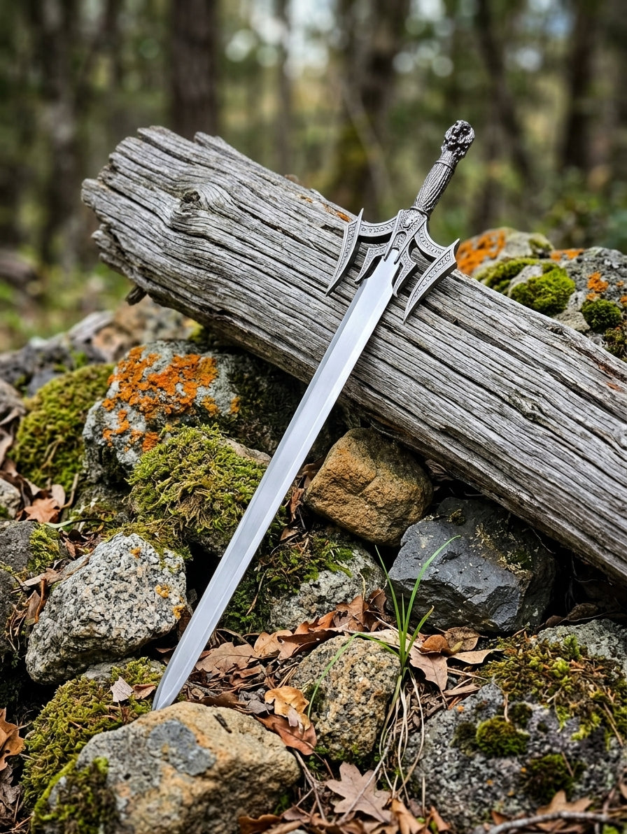Viking sword engraved guard closeup