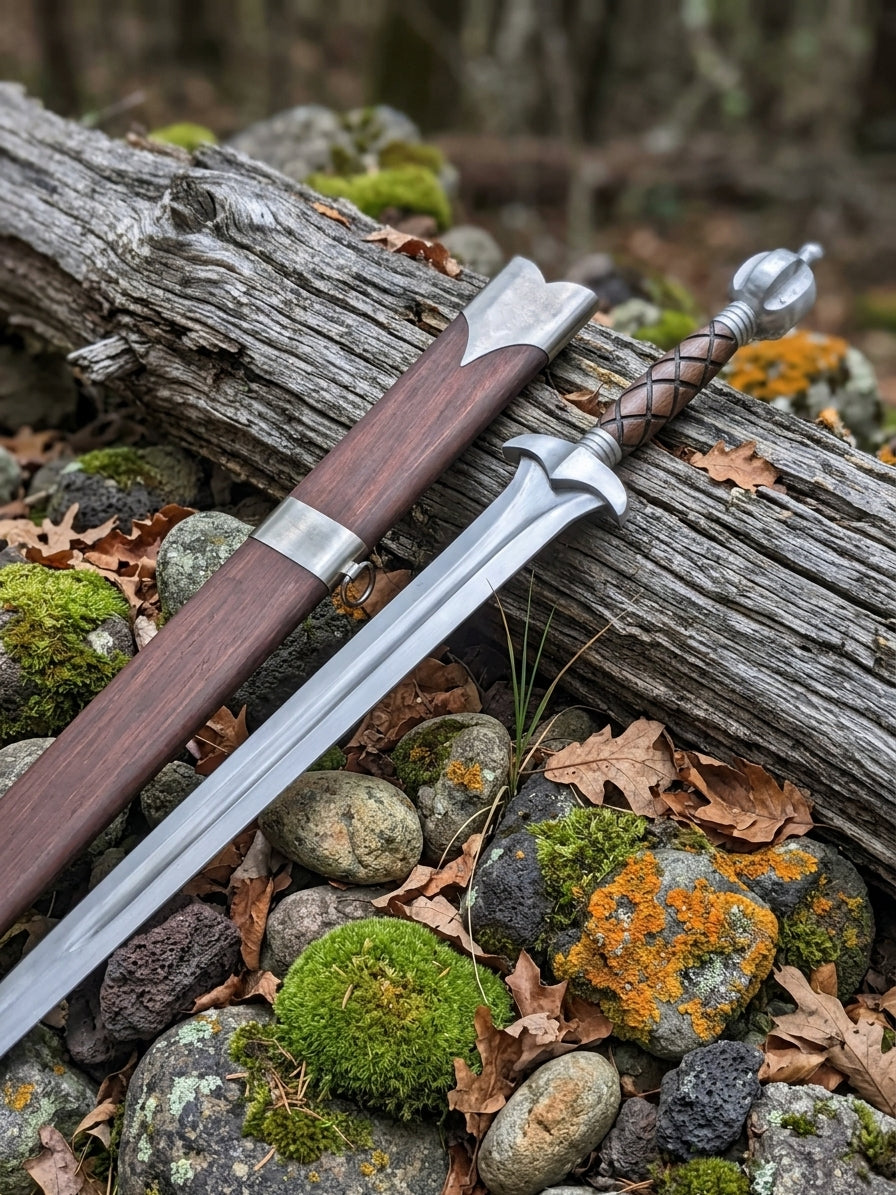 Full length high carbon steel medieval sword showing pointed blade and curved crossguard